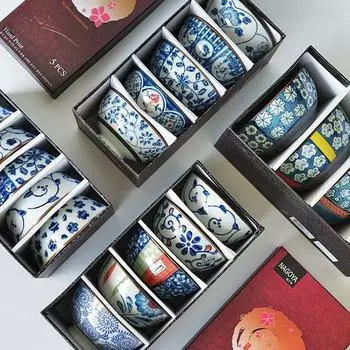 4,5-дюймовая миска для риса в японском стиле, керамическая посуда, бытовая обеденная чаша, ресторанная кухонная посуда, упаковка из 5 шт. в подарочной коробке