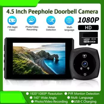 4,5-дюймовый глазок дверной звонок дверная камера PIR инфракрасное ночное видение 140 ° HD монитор обнаружения движения дверной звонок умный дом A7 64GB чёрный
