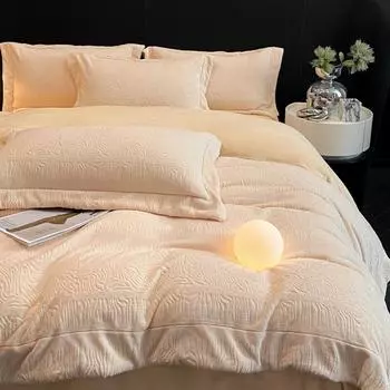 4.5 kg | Heavy milk fleece 4pcs set, solid color full extinction engraved fleece quilt cover, light luxury thickened warm three-piece set 1.5 meters bed sheet 4pc quilt cover 2*2.3m