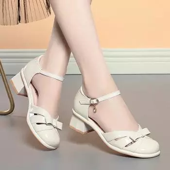 4.5cm Comfortable Fashion Sweet Bow Close Head Leather Sandals Summer 2024 Med Block Heels Shoes for Office Mom Daily Girls 35