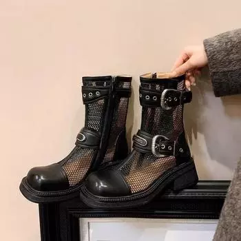 4.5Cm medium heel thick-soled mesh boots women s summer new hollow mesh thin short boots belt buckle cool boots 35