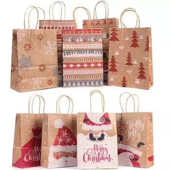 4/5pcs Christmas Gift Bags With Handles Santa Claus Snowman Christmas Tree Pattern Kraft Paper Bags Party Favor Bags Xmas Noel as show