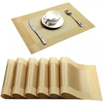 4/6 Pieces of Golden Placemats Washable PVC Dining Table Mat Set Woven Mat Diagonal Rack Plate Bowl Coaster Non-slip Mat 6PCS&Rectangular