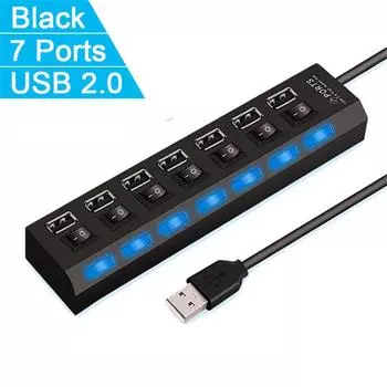 4/7-портовый USB-концентратор с переключателем включения/выключения, светодиодная подсветка, USB 2.0-концентратор, высокоскоростной адаптер, портативный USB-разветвитель для компьютеров, ноутбуков, аксессуары