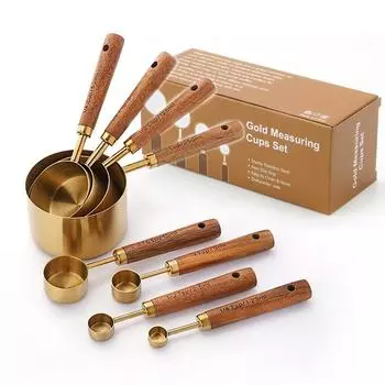 4/8 шт. Набор из мерных стаканов и мерной ложки золотистого цвета с ручкой из ароматного дерева. Полный набор мерных стаканов и ложек. Silvery Spoon 4PCS
