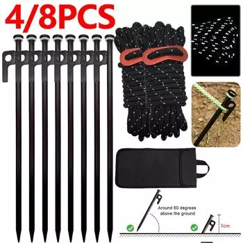 4/8 шт. прочные стальные колышки для палаток, наружные гвозди для палаток, колышки для палаток с веревками и сумкой для хранения, 30 см, колышки для палаток для кемпинга