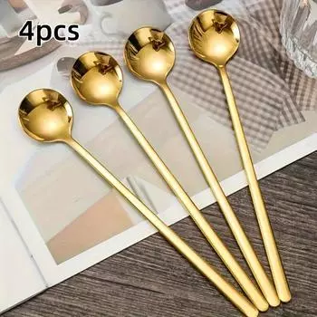 4/8 шт., золотые ложки для перемешивания кофе с длинной ручкой из нержавеющей стали, десертные чайные ложки, элегантные для дома, ресторанов, вечеринок 4pcs