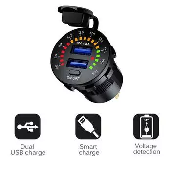 4.8A 12V Car Boat Dual USB Fast Charger Adapter Power Outlet Socket w/ Voltmeter