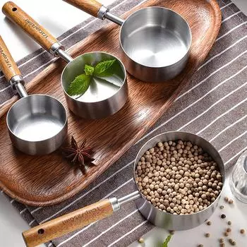 4/8Pcs Measuring Cup Spoon Sets Stainless Steel Wooden Handle Coffee Flour Scoop Bartending Scale Kitchen Cooking Gadget Sets