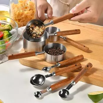 4/8Pcs Measuring Cups Spoons Stainless Steel Silver Wooden Handle Baking Tools Coffee Bartending Scale Kitchen Accessories Set
