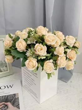 4 букета Букет искусственных цветов Хризантема Роза Зеленые листья Букеты цветов для композиции в вазе Мини-роза Свадебный декор для домашнего офиса розовый