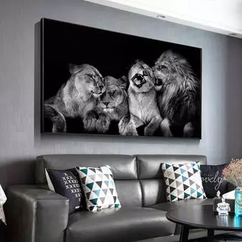 4 черно-белых льва, холст, картина, настенное искусство, семейный постер с животными и печать высокой четкости, изображение для гостиной 20cm40cm NoFrame