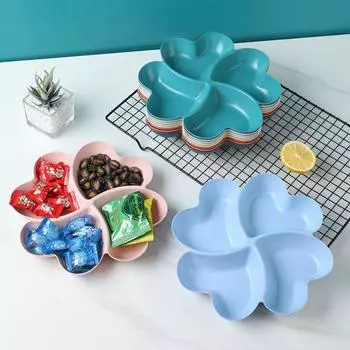 4-Compartment Appetizer Serving Platter Wheat Straw Unbreakable Food Storage Tray Four Leaf Clover Shape Snacks Serving Dish бежевый