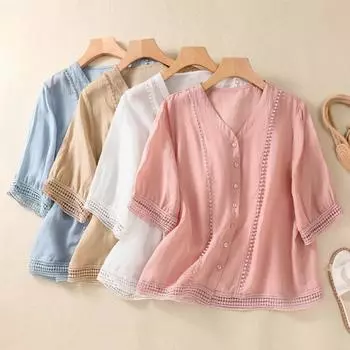 4 цвета, французская однотонная рубашка из хлопка и льна с цветочным рисунком, женская литературная ретро рубашка из хлопка и льна, маленькая универсальная рубашка для женщин XXL белый