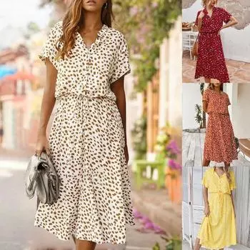 4 цвета короткий рукав печать женское платье стойка воротник платье S оранжевый