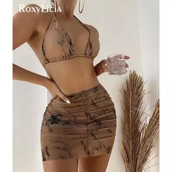 4 цвета Tie Dye с юбкой Холтер бикини женский купальник женский купальник из трех частей комплект бикини купальный костюм для плавания S синий