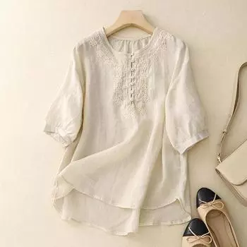 4-цветная футболка из хлопка и льна с вышивкой для тяжелой промышленности, однотонная футболка с круглым вырезом и короткими рукавами, женская маленькая рубашка с пуловером XXL зелёный