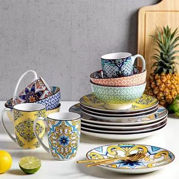 4-цветная керамическая тарелка с большим узором в скандинавском стиле, керамическая посуда в стиле ретро, тарелка для десерта, микроволновая печь, тарелка для закусок, стейка