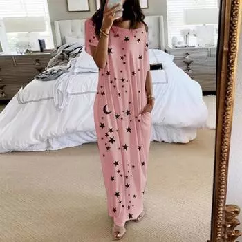 4-цветное женское свободное повседневное платье макси с коротким рукавом и принтом луны и звезд, домашнее повседневное платье S белый