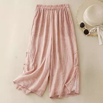 4-цветные летние тонкие хлопчатобумажные и льняные широкие брюки большого размера в стиле ретро, свободные прямые брюки с пряжкой, женские брюки с девятью точками XXL белый