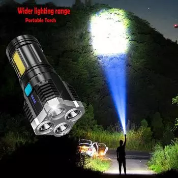 4 фонарика с четырьмя лампами, 4 светодиода, USB аккумуляторная боковая лампа, дисплей, портативный фонарик One Size чёрный