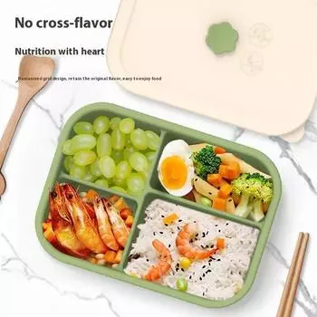 4 Grids Fat Reducing Meal Box High Temperature Resistant Microwave Heatable Silicone Lunch Box School Snacks Food Bento Box зелёный