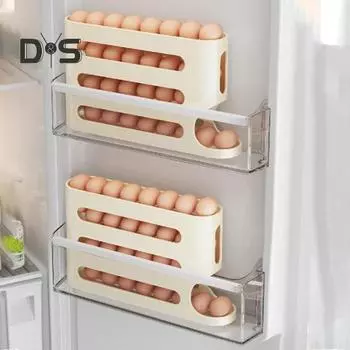4-х ярусный держатель для яиц, большая емкость, автоматическая прокрутка, держатель для яиц, компактный диспенсер для яиц, органайзер для хранения яиц для холодильника, кухни белый