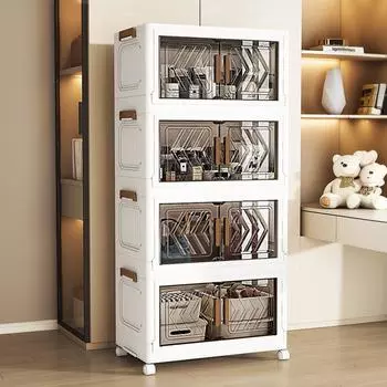 4-х уровневые штабелируемые контейнеры для хранения с крышками, дверцами и колесами, складные штабелируемые органайзеры для шкафов, ящик для хранения чистый белый