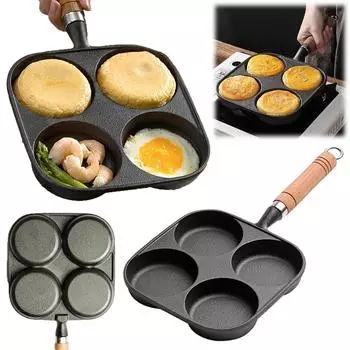 4-Hole Omelet Pan Wooden Handle Non Stick Cookware Pancake Pan Multifunction Hamburger Steak Pan for Gas Stove Induction Cooker чёрный