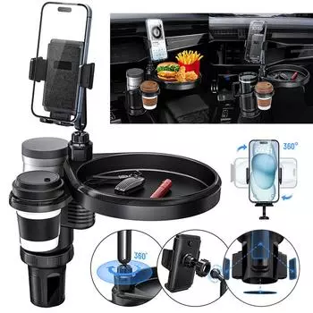 4-in-1 Automotive Cup Holder Attachable Tray with Phone Holder Car Organizer 2 Cup Holders Road Trip Essentials Car Accessories чёрный