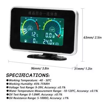 4-in-1 Car LCD Meter Digital Oil Pressure Voltage Water Temperature Fuel Gauge Universal Instrument 9-36V for Car Truck SUV RV чёрный