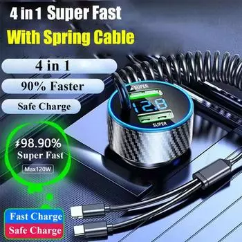 4 in 1 Dual Port USB Car Phone Charger Type C with Retractable Cable Super Fast Charging Adapter for iPhone Samsung OPPO Hu C8X1