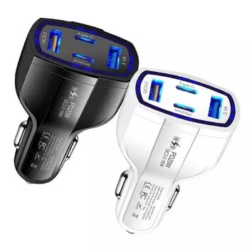 4 in 1 Mobile Phone Charger PD 20W 2USB+2PD Car Power Adapter USB Tyoe C Car Cigarette Lighter Charger 12-30V for iPhone Xiaomi чёрный