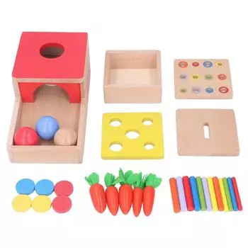 4 in 1 Wooden Play Kit Object Permanence Box Carrot Harvest Shape Color Sorting Stacking Learning