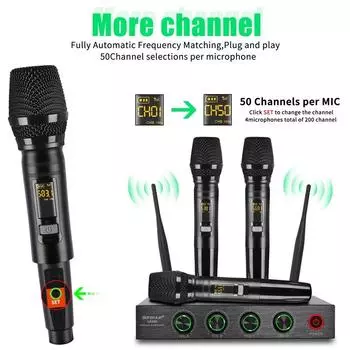 4-канальная беспроводная микрофонная система для дома, караоке, PA, динамик для пения, вечеринок, ТВ, профессиональный динамический микрофон UHF