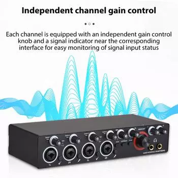 4-канальная звуковая карта с аудиоинтерфейсом без драйверов, 4-входная и 4-выходная USB-звуковая карта 24 бит/192 кГц, фантомное питание 48 В чёрный