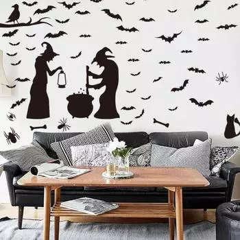 4 листа Хэллоуин Ведьма Наклейка на стену Съемная Водонепроницаемая ПВХ Самоклеящаяся Наклейка для Домашнего Офиса Гостиной Спальни Летучая мышь Паук Черная кошка Настенное Искусство Украшение