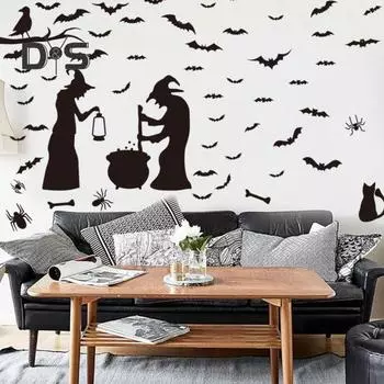 4 листа Хэллоуин Ведьма Наклейка на стену Съемная Водонепроницаемая ПВХ Самоклеящаяся Наклейка для Домашнего Офиса Гостиной Спальни Летучая мышь Паук Черная кошка Настенное Искусство Украшение чёрный