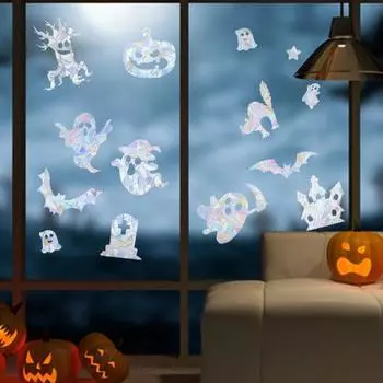 4 листа, наклейки на окна Хэллоуина, призраки, тыквы, ведьмы, летучие мыши, окно Ловец солнца, украшение для Хэллоуина, стеклянные стены, цепляются 1 Set