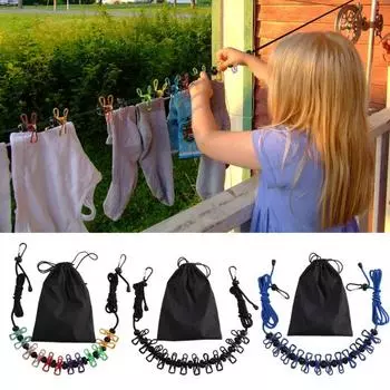 4-метровая бельевая веревка с противоскользящими зажимами, крючками для позиционирования бусин, ветрозащитная, портативная, для сушки белья в дороге разноцветный