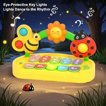 4 Mode Insect Themed Musical Toy Piano with Lights,Finger Exercise Instrument for Babies,Toddlers,Sensory Training Electronic Keyboard,Battery Powered Light Music Piano Toys