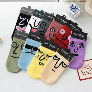 4 pairs Cute Women Socks Cotton Printed with Funny Expression Ankle Sox for Sweet Girl Soft Cozy New Fashion Calcetines