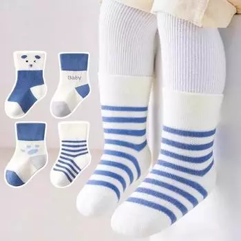4 пары хлопковых носков для малышей, весна-осень, носки для новорожденных, синий медведь, милые однотонные полосатые детские спортивные носки, мода 0-5 лет 0-2 year(7-12 cm)