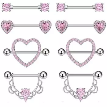 4 пары колец для сосков из хирургической стали, кольцо для языка, пирсинг, украшения для тела, штанга, кольца в форме сердца с цирконием для женщин и девочек серебряный