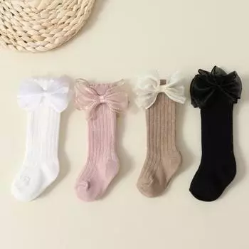 4 пары/комплект, новые осенние носки для девочек 0-2 года, однотонные носки средней длины с бантом, детские аксессуары XS(0-6m) разноцветный