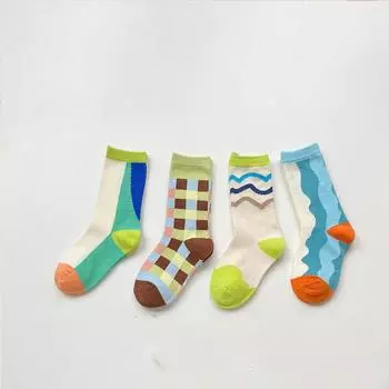 4 пары/лот носки для маленьких мальчиков и девочек, Новое поступление, хлопковые детские носки с геометрическим узором в полоску, волнистые клетчатые носки, носки KidsTube, От 1 до 8 лет L