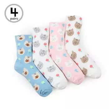 (4 пары) Модные женские носки для экипажа с цветочным котом KE14 22 - 25 cm