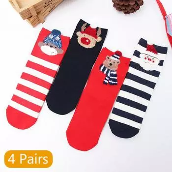 4 пары мультяшных носков красные носки женские мужские зимние носки с животными лось снеговик Санта-Клаус леденец забавные новогодние рождественские носки