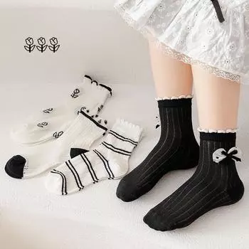 4 пары носков для девочек, милые сетчатые носки с бантом, хлопковые дышащие носки в полоску с оборками для детей, школьные носки для детей 1-12 лет 1-3Y