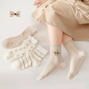 4 пары носков с бантом для девочек, милые сетчатые хлопковые носки с героями мультфильмов для детей, школьные носки для детей 1-12 лет 1-3Y